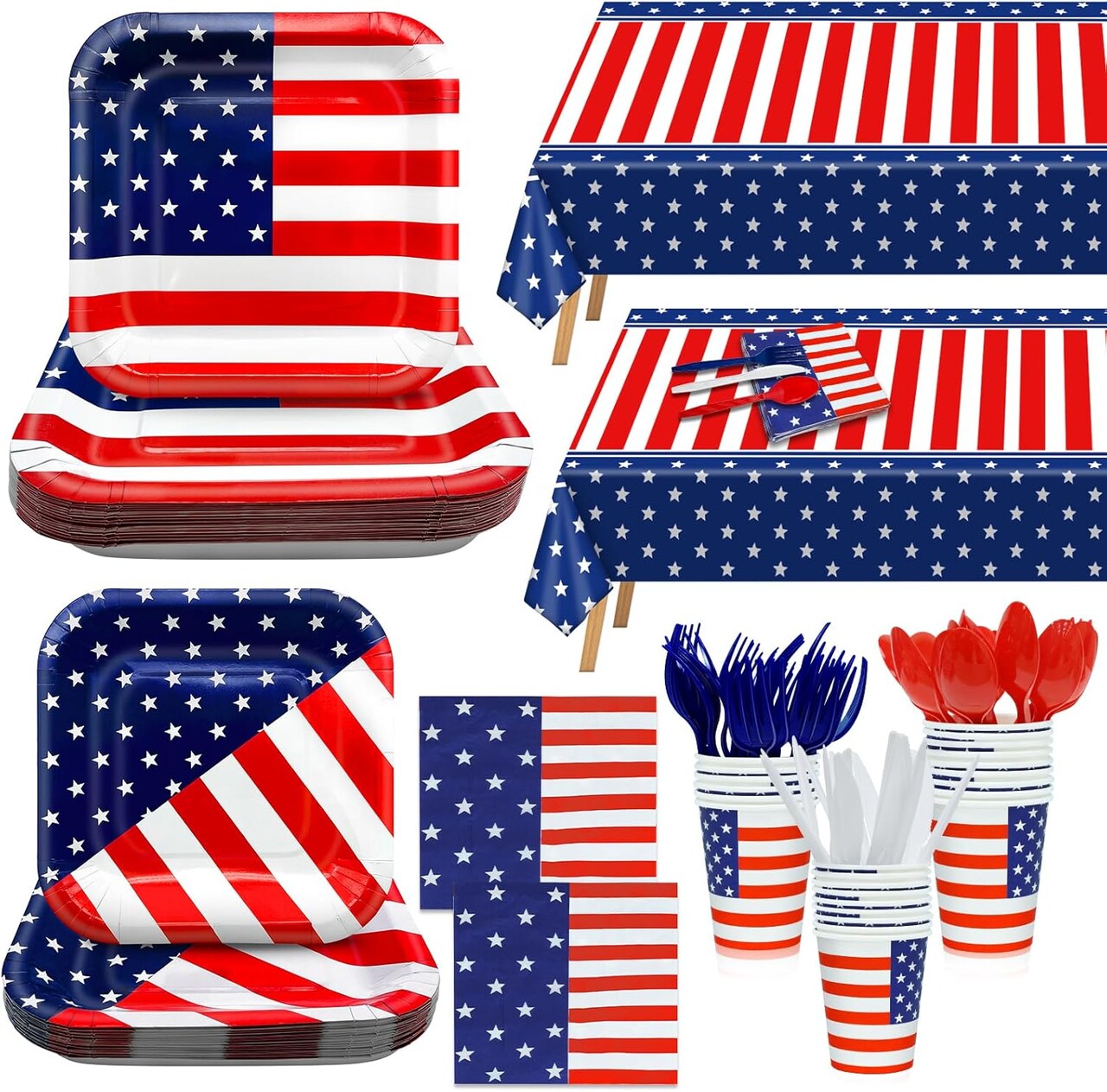 170PCS 4th of July Party Supplies – Plates, Napkins, Cups, Cutlery, Tablecloths for 24 Guests